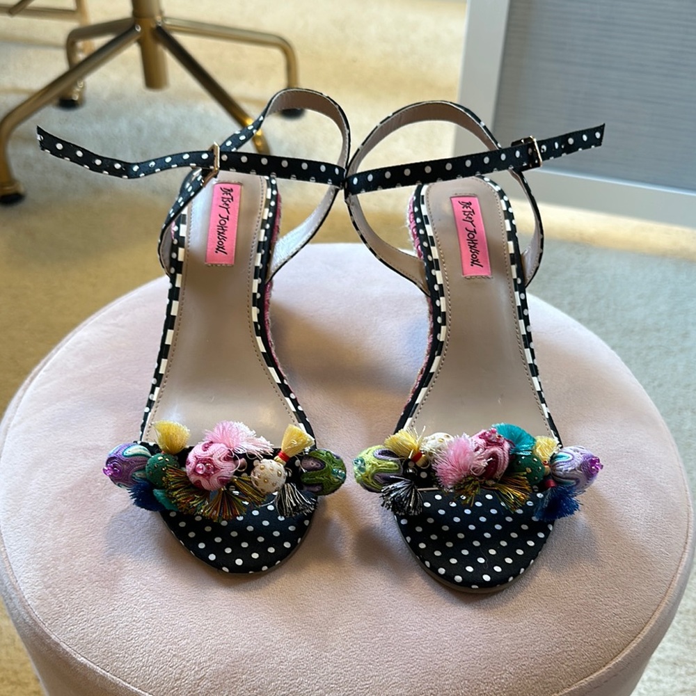 Betsey Johnson Black Sandals with Polka Dots and Ankle Straps